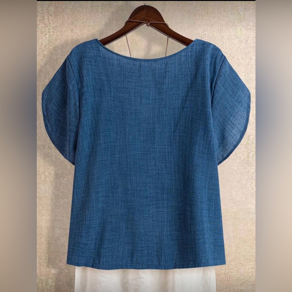SHEIN Blue Short-Sleeve Asymmetrical Collar Blouse - Picture 2 of 8